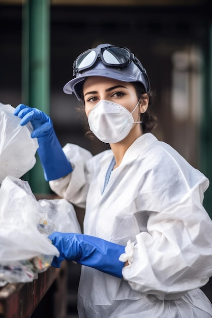 scatto di una giovane donna mascherata che ricicla in un impianto industriale creato con ai generativo