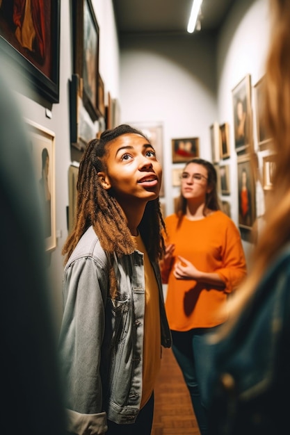 Scatto di una giovane guida turistica che guida il suo gruppo attraverso una galleria d'arte creata con l'intelligenza artificiale generativa