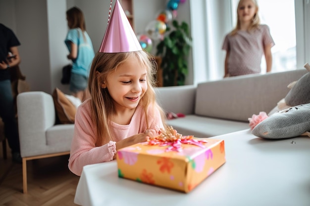 Scatto di una giovane ragazza che riceve regali per il suo compleanno creato con l'IA generativa