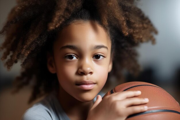 Scatto di una giovane ragazza che tiene in mano un pallone da basket creato con l'IA generativa