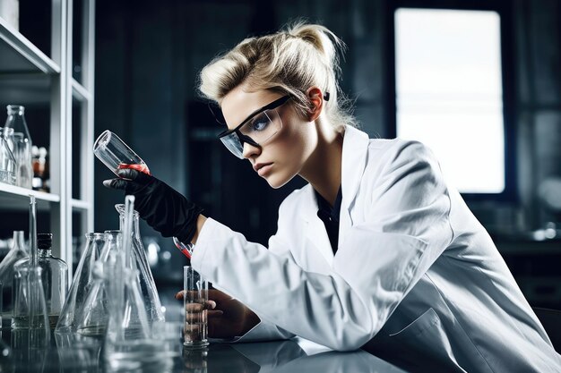 Scatto di una giovane scienziata che conduce un esperimento nel suo laboratorio creato con l'IA generativa