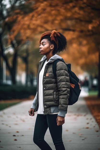 Scatto di una giovane studentessa che cammina attraverso il campus creato con l'AI generativa