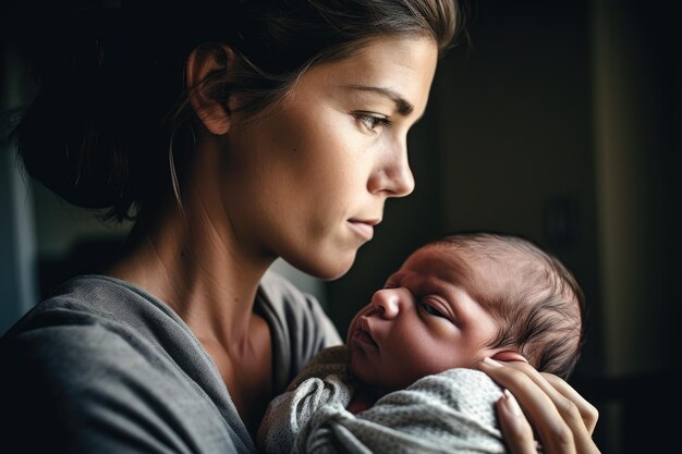 Scatto di una madre che tiene in braccio il suo neonato creato con l'IA generativa