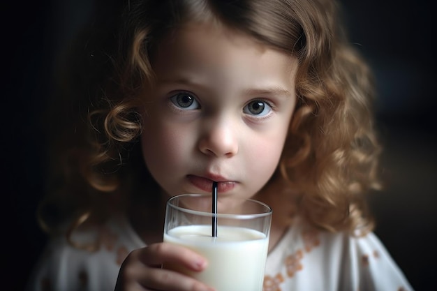 Scatto di una ragazzina che beve il suo latte con una cannuccia creata con l'AI generativa