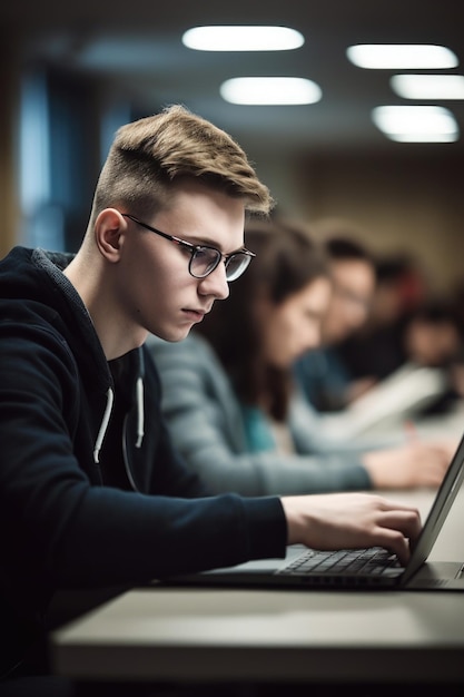 Scatto di uno studente che utilizza un laptop durante una lezione all'università creata con l'IA generativa