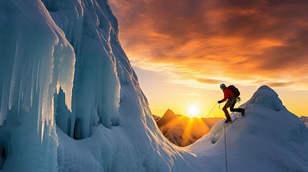 Scatto dinamico di un alpinista sulla parete di ghiaccio