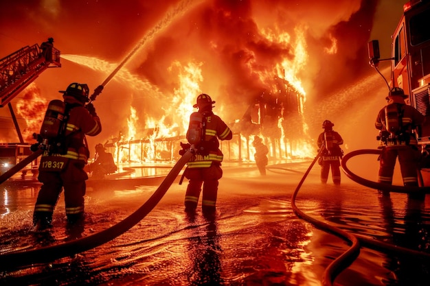 Scatto drammatico dei vigili del fuoco in azione che brandiscono potenti tubi per spegnere le fiamme il gioco di luce e ombra accentuando l'urgenza e il coraggio nei loro sforzi