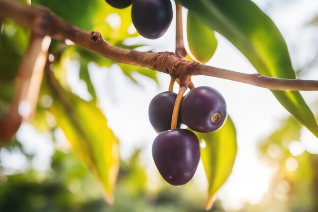 scatto fotografico di un Acai attaccato a un ramo di un albero con uno sfondo sfocato