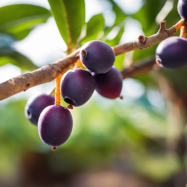 scatto fotografico di un Acai attaccato a un ramo di un albero con uno sfondo sfocato