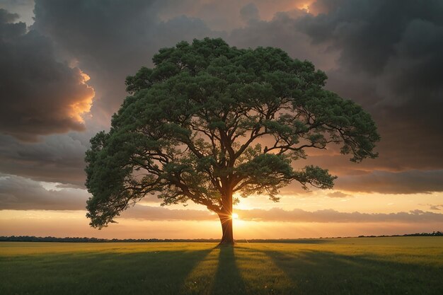 Scatto grandangolare di un singolo albero che cresce sotto un cielo nuvoloso durante un tramonto circondato dall'erba