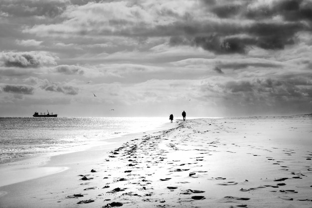 Scatto in scala di grigi di una coppia che cammina lungo la costa sotto un cielo nuvoloso