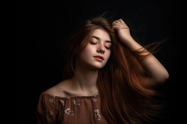 Scatto in studio di una bellissima giovane donna che tiene i capelli creati con l'IA generativa