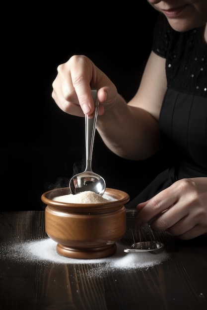 Scatto in studio di una donna che aggiunge zucchero al suo caffè con un cucchiaino creato con l'IA generativa
