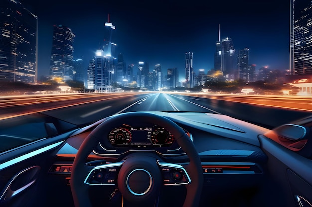 scatto interno delle velocità dei veicoli attraverso il paesaggio urbano illuminato al crepuscolo Ai Generato