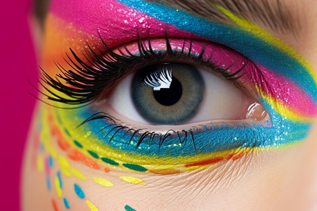 Scatto macro di primo piano del viso di una donna con trucco a disegno arcobaleno colorato