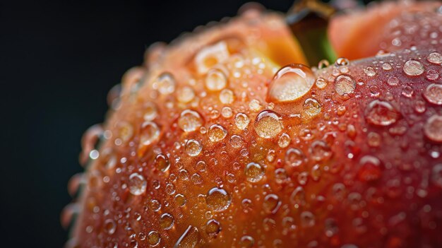 Scatto macro in primo piano che mostra le gocce d'acqua sul fuzz di pesca fresca evidenziando i dettagli della natura del colore del fuzz di pesca