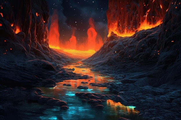 Scatto notturno vibrante di un fiume di lava incandescente creato con l'AI generativa