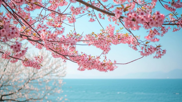 Scatto orizzontale di fiori di Sakura in fiore sullo sfondo del mare Generative Ai