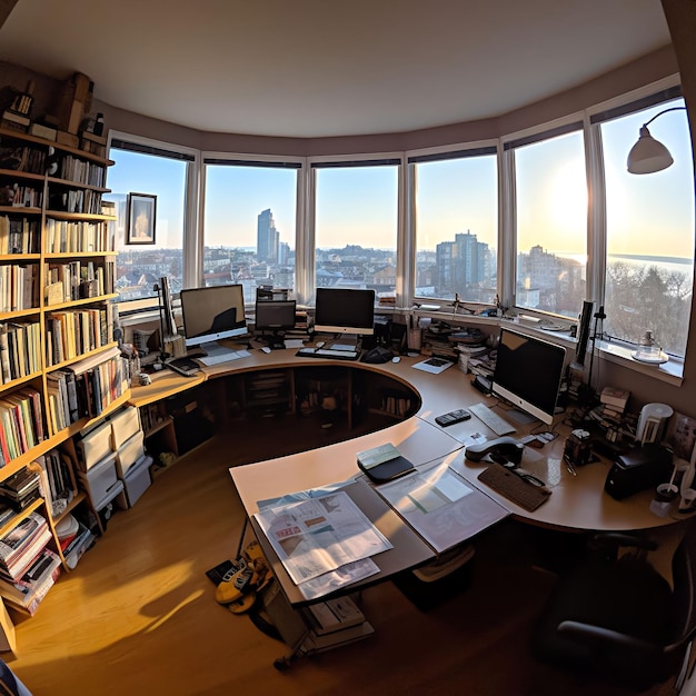 Scatto panoramico dell'area di lavoro di un creatore di contenuti con un'ampia vista di libri cartacei e digitali