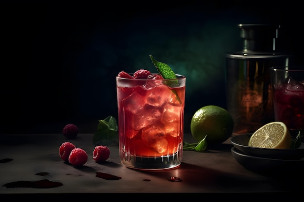 Scatto pubblicitario di un cocktail o di una bevanda con frutta e ghiaccio Generative Ai