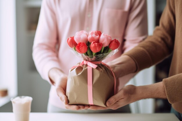 Scatto ravvicinato di mani femminili che tengono un piccolo regalo avvolto con un nastro rosso generato da AI