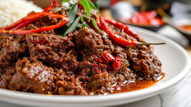 Scatto ravvicinato di Spicy Beef Rendang con Extra Chili su una superficie bianca pulita