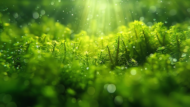 Scatto ravvicinato di un'alga verde Chlorophyta con un grande spazio vuoto per lo sfondo del prodotto o il testo Generative AI