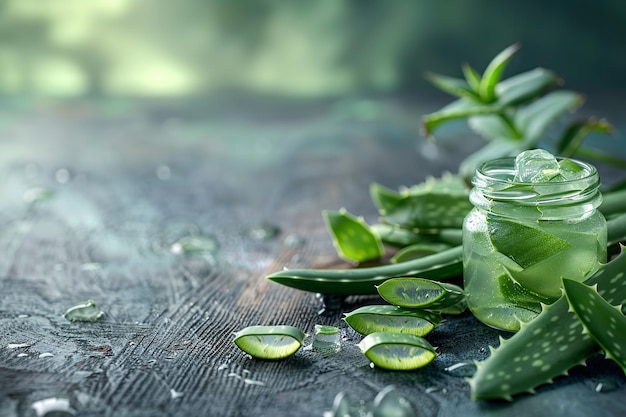 Scatto ravvicinato di un barattolo di gelatina di aloe vera decorato con aloe vera intorno ad esso con un grande spazio per testo o pubblicità di prodotto AI generativa