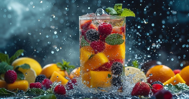 Scatto ravvicinato di un bicchiere di succo di cocktail di frutta con un sacco di frutta che lo circonda con uno spazio di copia che rappresenta il rinfresco estivo AI generativa