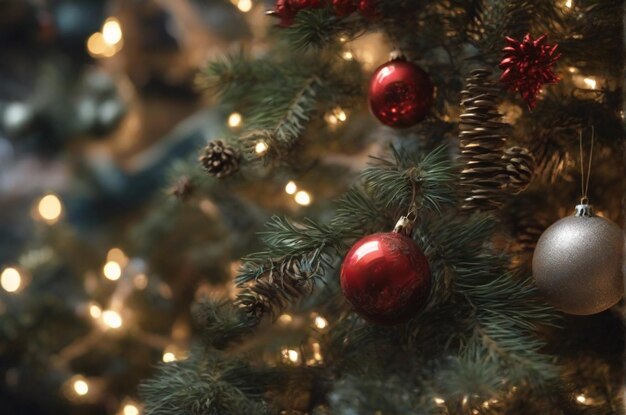 Scatto ravvicinato di una parte di un abete decorato durante il Natale