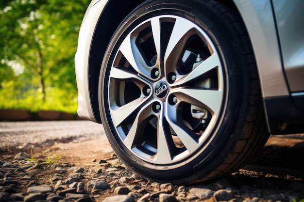 Scatto ravvicinato di una ruota di macchina parcheggiata con un cerchio in alluminio