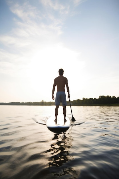 Scatto retrovisore di un giovane in piedi sulla sua tavola da surf creata con l'IA generativa