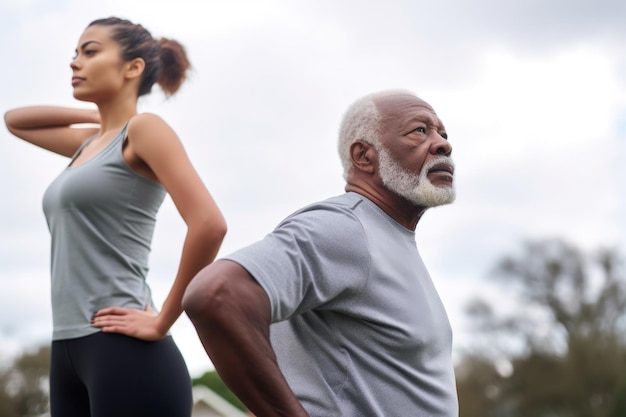 Scatto retrovisore di una giovane donna sportiva e di un uomo anziano che si esercitano insieme all'aperto