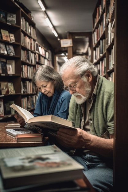 Scatto ritagliato di due persone che leggono in una libreria creata con l'IA generativa