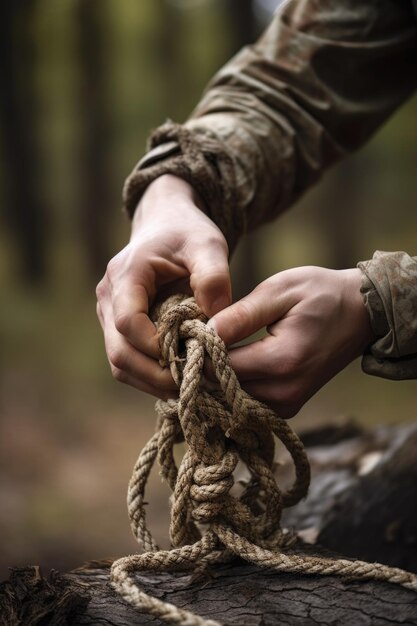 Scatto ritagliato di mani legate da una corda all'aperto creato con l'IA generativa