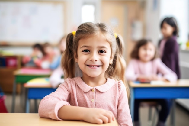 Scatto ritagliato di un'adorabile bambina in un'aula creata con l'IA generativa