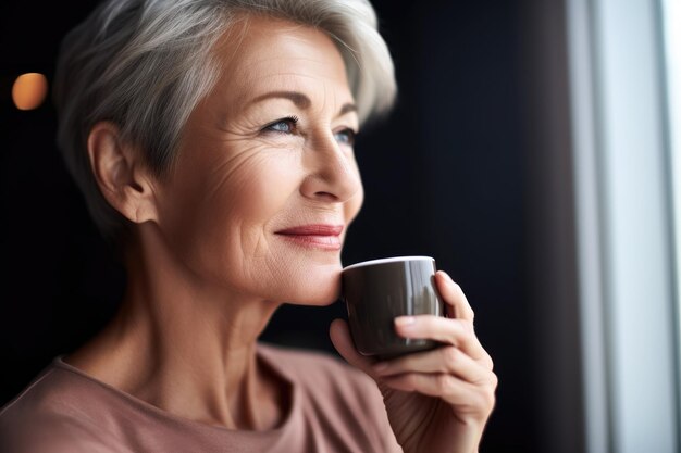 Scatto ritagliato di un'attraente donna anziana che beve caffè creato con l'IA generativa