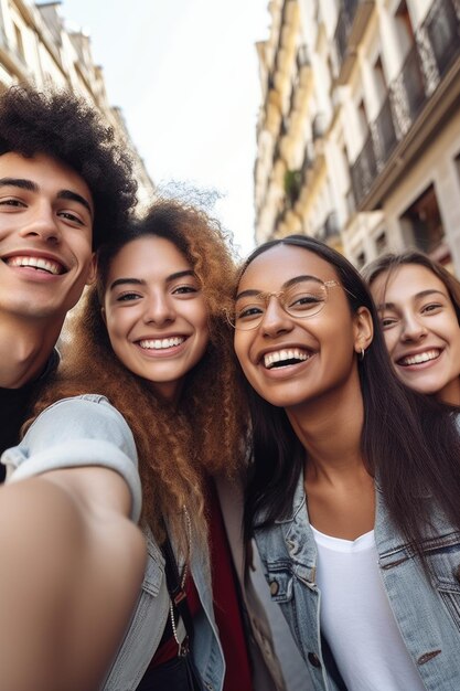 Scatto ritagliato di un gruppo di amici che si fanno selfie insieme in città