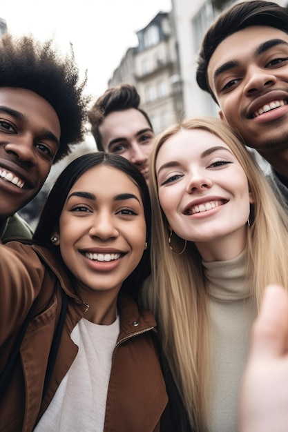 Scatto ritagliato di un gruppo di giovani che si fanno selfie stando all'aperto