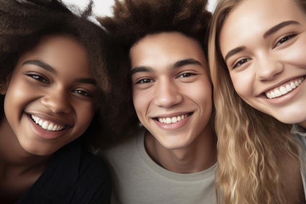 Scatto ritagliato di un gruppo di giovani che sorridono alla fotocamera creata con l'IA generativa