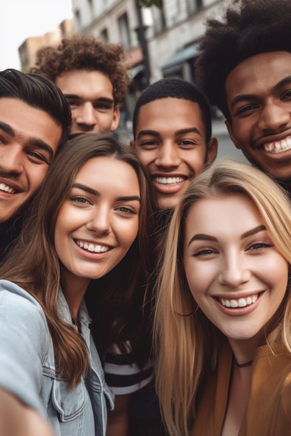 Scatto ritagliato di un gruppo di persone che scattano un selfie all'aperto creato con l'IA generativa