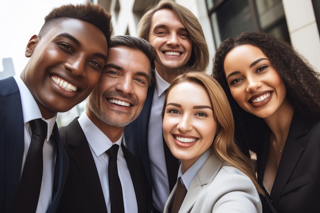 Scatto ritagliato di un gruppo di uomini d'affari che si fanno un selfie insieme creato con l'IA generativa