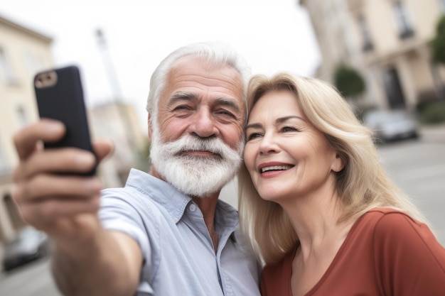 Scatto ritagliato di una coppia matura che scatta selfie sul proprio smartphone creato con l'IA generativa