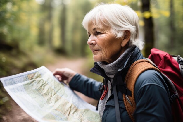 Scatto ritagliato di una donna anziana che guarda una mappa mentre è fuori per un'escursione creata con l'IA generativa