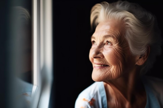 Scatto ritagliato di una donna anziana che sembra allegra a casa creata con l'IA generativa