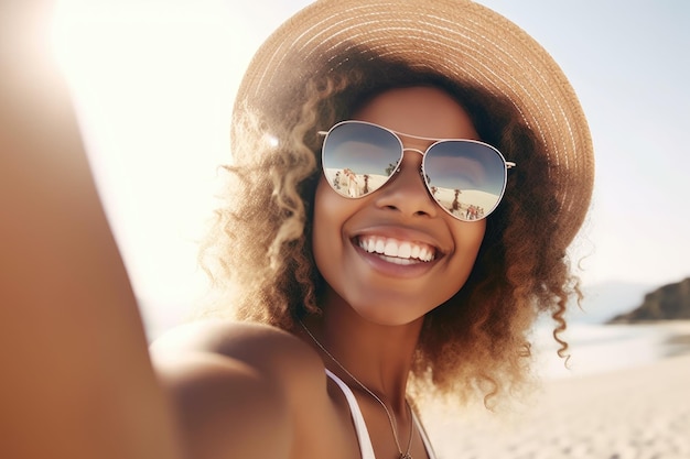 Scatto ritagliato di una donna che scatta un selfie mentre è in vacanza creato con l'IA generativa