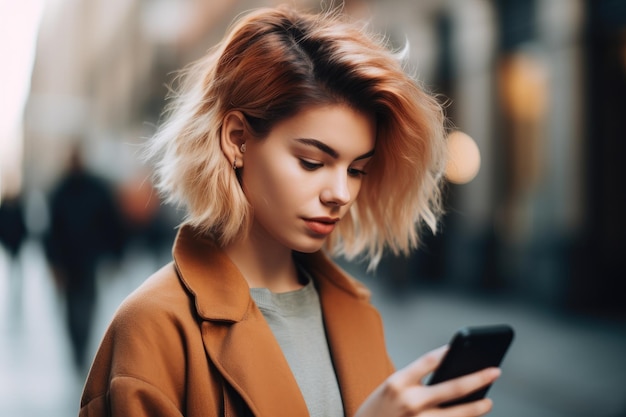 Scatto ritagliato di una giovane donna attraente che guarda il suo smartphone creato con l'IA generativa