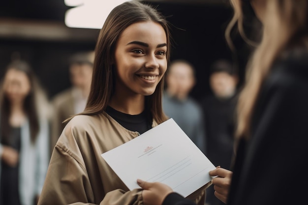 Scatto ritagliato di una giovane donna che riceve il certificato di laurea creato con l'IA generativa