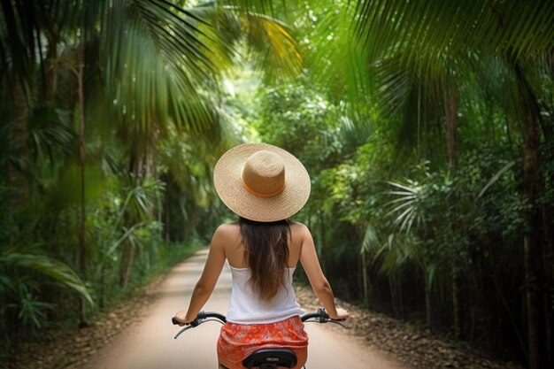 Scatto ritagliato di una giovane donna che viaggia in bicicletta nella foresta tropicale creata con l'IA generativa