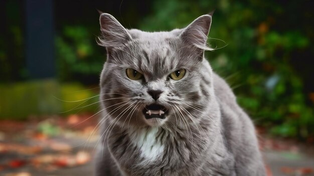 Scatto selettivo di un gatto grigio con una faccia di gatto arrabbiato